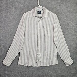 Linen Club Studio Men's Striped Linen Blend Button Up Shirt White Grey 39cm Sz S